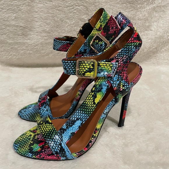 X2B colorful snakeskin double strap stiletto heels gold hardware hot pink - Picture 3 of 10